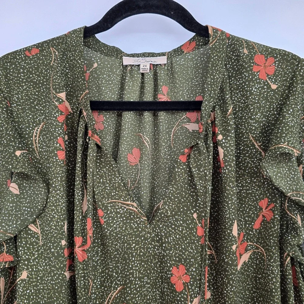Les Serein Womens 2X Olive Green Floral Ruffle Cap Sleeve V-Neck Tie Blouse - Picture 4 of 10